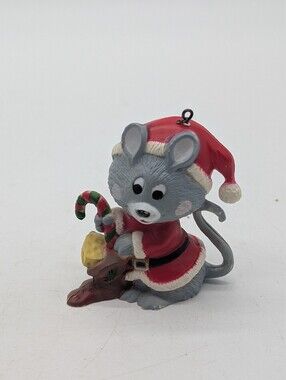 Vintage Christmas Santa Mouse Ornament Holding Candy Cane Gift Sack Kitsch